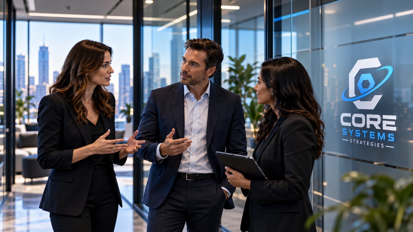 Three colleagues in conversation in a glass-walled hallway beside the Core Systems Strategies wall logo
