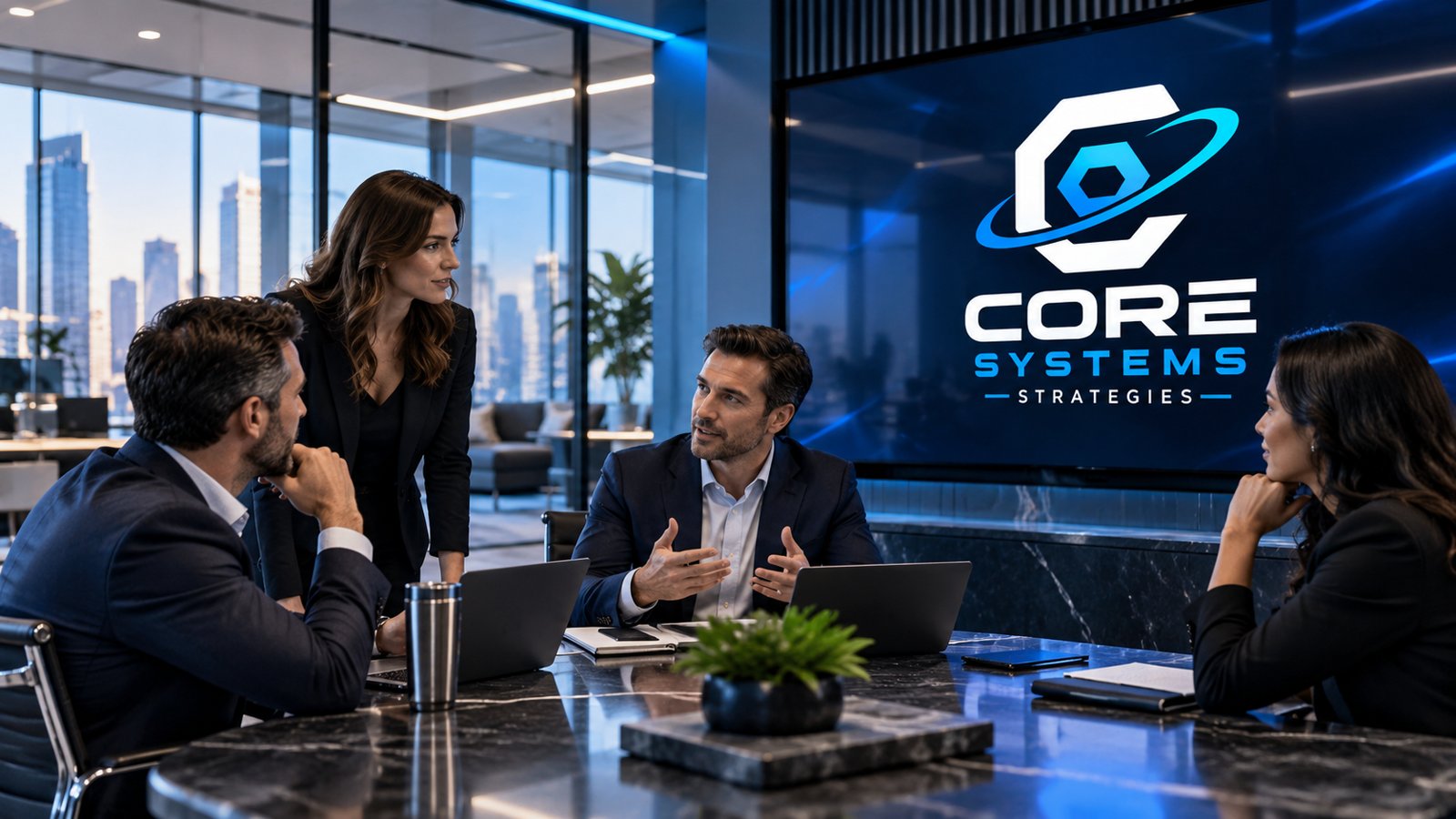 Core Systems Strategies leadership team in discussion at a boardroom table beneath the company logo