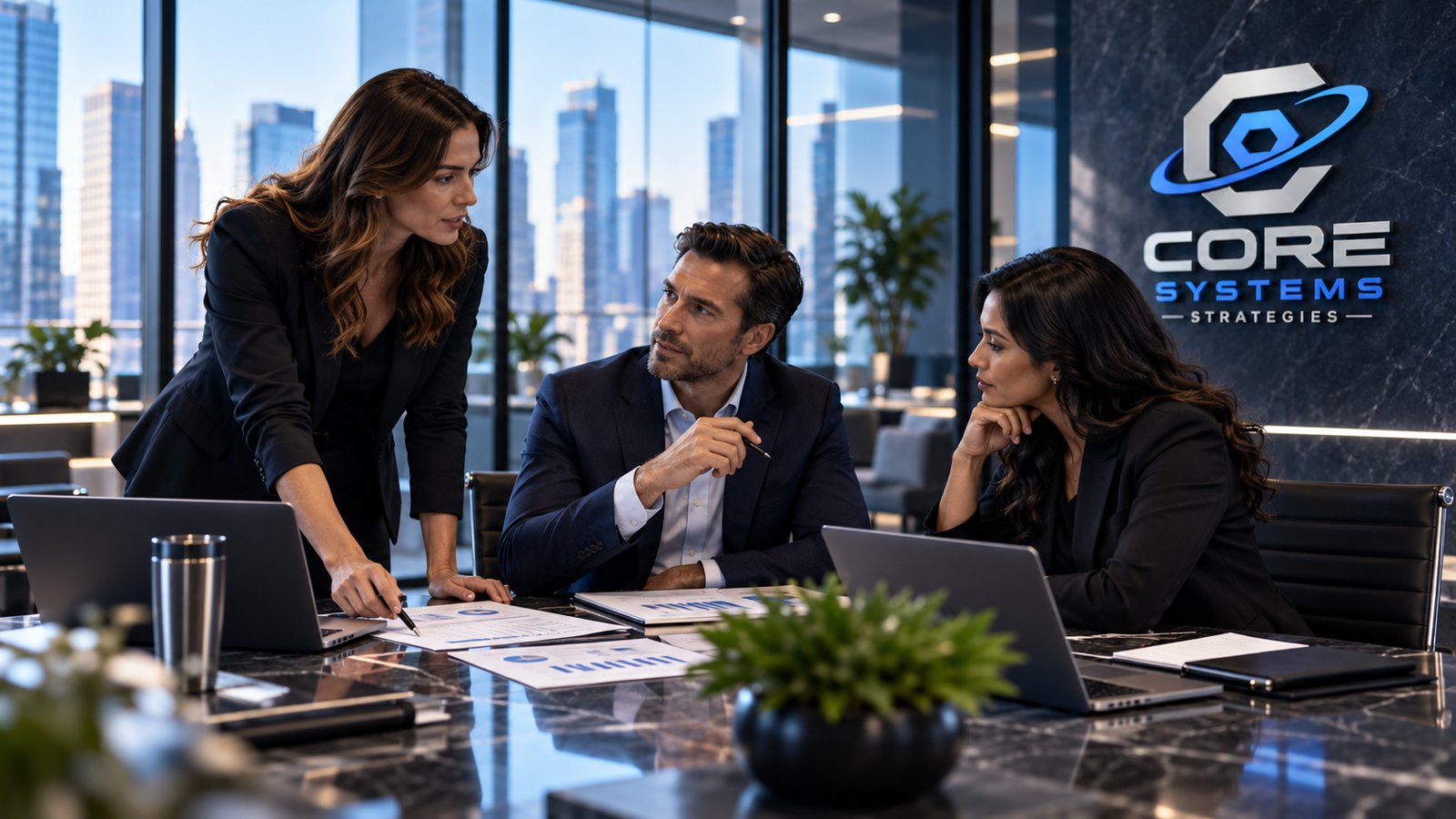 Colleagues working through documents together at the boardroom table
